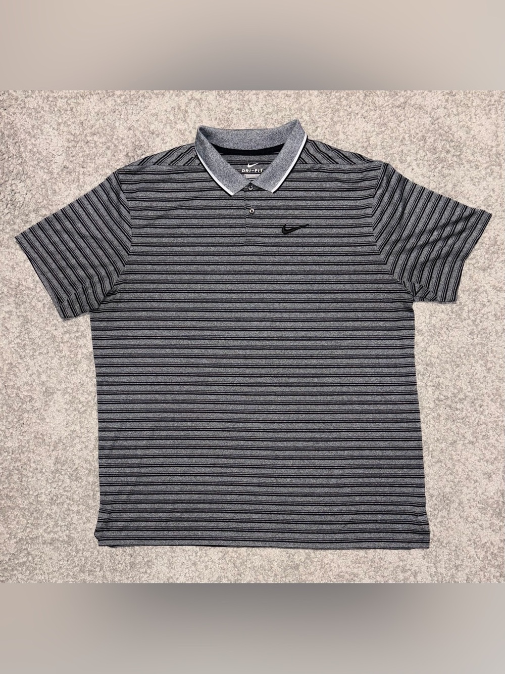Nike Men’s Black and Gray Striped Dri-FIT Polo